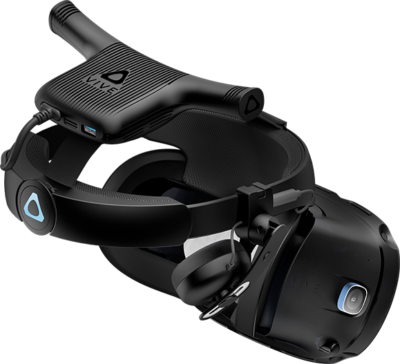 从VIVE Cosmos 精英版头戴式设备背面(已连接无线升级套件)以45度角查看。